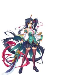  absurdly_long_hair bare_shoulders black_thighhighs blue_hair blush breasts clenched_hand closed_mouth detached_sleeves female fingernails full_body highres holding holding_weapon kan&#039;u_(koihime_musou) katagiri_hinata koihime_musou large_breasts loafers long_hair looking_at_viewer naginata necktie official_art pleated_skirt polearm sennen_sensou_aigis shiny_clothes shiny_skin shoes side_ponytail skirt sleeveless smile solo standing thighhighs transparent_background very_long_hair weapon wide_sleeves yellow_eyes zettai_ryouiki 