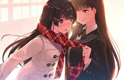  2girls akasaai amagami ayatsuji_tsukasa backlighting black_hair black_ribbon bloom blue_eyes blush coat collared_shirt commentary crossover duffel_coat fringe_trim furrowed_brow hair_ornament hairclip highres indoors kibito_high_school_uniform long_hair long_sleeves looking_at_another multiple_girls neck_ribbon nervous nijisanji one-eyed open_mouth plaid plaid_scarf pulling_another&#039;s_clothes red_scarf ribbon scarf scarf_pull school_uniform shirt smile sunset sweat tsukino_mito tsukino_mito_(6th_costume) upper_body v-neck v-shaped_eyebrows virtual_youtuber white_coat window wing_collar yuri 