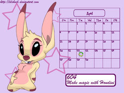  2008 3_fingers 4:3 aliasing alien april_(month) arm_markings black_eyes calendar chest_tuft countershading digital_media_(artwork) disney ears_up english_text experiment_(lilo_and_stitch) eyelashes featureless_crotch female fingers fur hand_behind_back head_tuft houdini_(lilo_and_stitch) lagomorph leg_markings lil&#039;_shock lilo_and_stitch looking_at_viewer mammal markings open_mouth open_smile pink_body pink_countershading pose purple_background purple_mouth purple_tongue red_nose rule_63 simple_background smile solo star tan_body tan_fur text tongue tuft url 