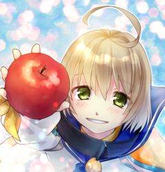  1boy ahoge apple bad_id bad_pixiv_id blonde_hair blush food fruit green_eyes holding holding_food holding_fruit kururi_(oekaki_nikki) laphicet_(tales) lolicon male_focus solo tales_of_(series) tales_of_berseria teeth upper_body 