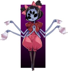  black_hair bow cup extra_arms extra_eyes fangs female female full_body hairbow highres insect_girl miyamae_(miyazen9311) monster_girl muffet no_pupils open_mouth puffy_pants puffy_short_sleeves puffy_sleeves purple_skin short_sleeves short_twintails solo spider_girl standing teacup teapot twintails undertale 