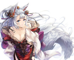  animal_ears bare_shoulders blue_eyes blush breasts coffee1223 collarbone commentary_request erune female fox_ears fox_tail from_above fur_trim granblue_fantasy hair_ornament hand_on_own_head long_hair looking_at_viewer medium_breasts parted_lips societte_(granblue_fantasy) solo tail very_long_hair white_background white_hair 