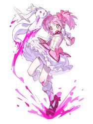  blood bow bright_pupils bubble_skirt choker creature dress female full_body gloves goblet_42 hairbow highres kaname_madoka kaname_madoka_(magical_girl) kneehighs kyuubee magical_girl mahou_shoujo_madoka_magica open_mouth pink_blood pink_dress pink_eyes pink_hair pink_shoes puffy_short_sleeves puffy_sleeves shoes short_hair short_sleeves simple_background skirt socks soul_gem standing standing_on_one_leg twintails twitter_username white_background white_gloves white_pupils white_skirt 