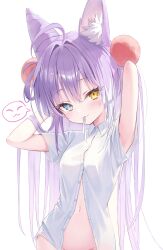  ahoge animal_ear_fluff animal_ears arms_behind_head arms_up blue_eyes blush bottomless closed_mouth collared_shirt cone_hair_bun female fox_ears fox_girl hair_bun hair_intakes hair_ornament hair_rings hair_tie_in_mouth heterochromia highres long_hair looking_at_viewer mouth_hold naked_shirt navel out-of-frame_censoring partially_unbuttoned pom_pom_(clothes) pom_pom_hair_ornament purple_hair rangtori shirt simple_background smile solo stellive tenko_shibuki very_long_hair virtual_youtuber white_background white_shirt yellow_eyes 
