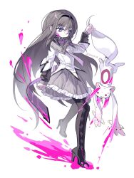  1boy akemi_homura akemi_homura_(magical_girl) black_boots black_hair black_hairband black_shirt blood boots bow bowtie collared_shirt creature frilled_skirt frills full_body goblet_42 grey_skirt hairband high_heel_boots high_heels highres holding kyuubee long_hair long_sleeves looking_at_another magical_girl mahou_shoujo_madoka_magica pink_blood pleated_skirt purple_bow purple_bowtie purple_eyes shirt simple_background skirt standing standing_on_one_leg thigh_boots undershirt white_background white_shirt 