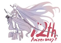  absurdres archery arrow_(projectile) bikini breasts female full_body greyscale highres kantai_collection kyuudou long_hair machinery medium_breasts monochrome neve_(morris-minicooper) quiver sarong shoukaku_(kancolle) solo spot_color standing swimsuit 