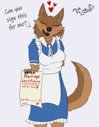  asking_viewer black_nose blush brown_body brown_fur canid canine canis closed_eyes clothing dialogue ear_piercing ear_ring fangs female fleshslinky fluffy fluffy_tail fur hand_behind_back heart_symbol hi_res holding_object maid_uniform mammal marriage_certificate nails neck_tuft nicole_(fleshslinky) paper piercing ring_piercing solo tail talking_to_viewer teeth tongue tuft uniform wolf 