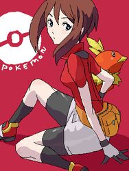  bad_id bad_pixiv_id bike_shorts bike_shorts_under_skirt blue_eyes brown_hair commentary_request fanny_pack female gloves hat kon_(kdash) looking_at_viewer lowres may_(pokemon) no_headwear oekaki pokemon pokemon_(creature) shoes short_sleeves torchic 