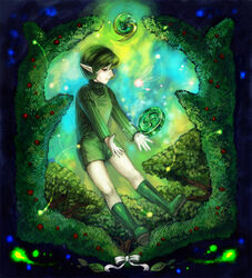  bad_id bad_pixiv_id boots coin endou_yuu fairy female gem green_footwear green_hair green_hairband green_shorts green_theme hairband medallion pointy_ears ribbon saria_(zelda) short_hair shorts smile solo the_legend_of_zelda the_legend_of_zelda:_ocarina_of_time tree 