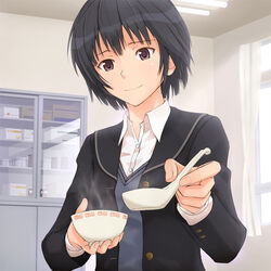  amagami black_hair black_jacket bowl brown_eyes commentary_request feeding female gebo incoming_food infirmary jacket kibito_high_school_uniform long_sleeves nanasaki_ai photoshop_(medium) school_uniform short_hair smile solo spoon steam 