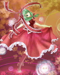  bad_id bad_pixiv_id boots bow dress female front_ponytail green_eyes green_hair hair_ribbon hairbow highres kagiyama_hina looking_back mizuto_(laku) photoshop_(medium) ribbon ripples skirt_hold solo touhou 