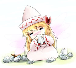  allergy blonde_hair blush chibi commentary_request female hat highres irony lily_white long_hair photoshop_(medium) ribbon solo tears toilet_paper touhou wings yume_shokunin 