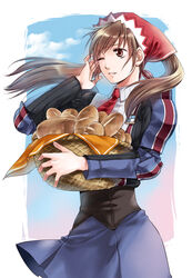  alicia_melchiott basket bread brown_eyes brown_hair commentary_request female food headdress long_hair military military_uniform necktie one_eye_closed photoshop_(medium) satsuki_yuu_(awairo) senjou_no_valkyria_(series) senjou_no_valkyria_1 skirt solo twintails uniform wind 