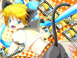  1boy animal_ears aqua_eyes blonde_hair blush bow cat_ears commentary_request crossdressing fangs fuuto_(crysea) hairbow kagamine_len magical_nuko-lenlen_(vocaloid) male_focus otoko_no_ko sailor_collar solo tail vocaloid 