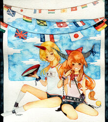  2girls alcohol alternate_costume bad_id bad_pixiv_id blonde_hair bolivian_flag bottle brown_eyes chains cuffs cup flag flags_of_all_nations french_flag german_flag gym_uniform hair_ribbon holding horns hoshiguma_yuugi hungarian_flag ibuki_suika japanese_flag kneehighs long_hair multiple_girls orange_hair pinkxxxna red_eyes ribbon sakazuki sake scottish_flag single_horn sitting sky socks string_of_flags touhou union_jack 