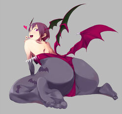  animal_print ass bad_id bad_pixiv_id bat_print bat_wings commentary_request demon_girl elbow_gloves feet female foreshortening gloves head_wings huge_ass kon_(kdash) leotard lilith_aensland low_wings no_shoes pantyhose print_pantyhose purple_hair red_eyes red_leotard solo vampire_(game) wings 