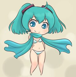  bikini chibi commentary_request female green_eyes green_hair hatsune_miku highres long_hair maiko_(yoshida308) scarf solo striped_bikini striped_clothes swimsuit twintails vocaloid 