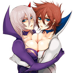  2girls aqua_eyes ass bad_id bad_pixiv_id bodysuit breast_press breasts brown_hair casshern casshern_(series) casshern_sins cleavage dio_(casshern_sins) genderswap_(mtf) hug large_breasts lips multiple_girls purple_bodysuit rule_63 short_hair skin_tight symmetrical_docking white_bodysuit white_hair yuri zuwai_kani 