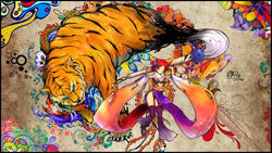  calligraphy_brush copyright_request female highres one_eye_closed paintbrush photoshop_(medium) red_hair snyp solo tiger 