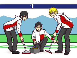  3boys bad_id bad_pixiv_id black_hair blonde_hair curling curling_stone durarara!! graffiti_(hoshikuzu_hanii) heiwajima_kasuka heiwajima_shizuo male_focus multiple_boys olympics orihara_izaya photoshop_(medium) sunglasses 