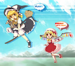  2girls bad_id bad_pixiv_id blonde_hair braid broom english_text flandre_scarlet hat highres kirisame_marisa meimone multiple_girls photoshop_(medium) ponytail red_eyes short_hair side_ponytail touhou wings witch_hat yellow_eyes 