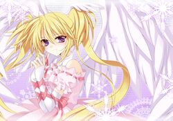  asti blonde_hair female hoshina_utau long_hair purple_eyes ribbon-trimmed_clothes ribbon_trim seraphic_charm shugo_chara! smile solo twintails wings 