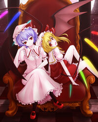  2girls arm_support bare_legs bat_wings black_legwear blonde_hair blush cofi_(eternal) commentary_request crossed_legs flandre_scarlet hat looking_at_viewer mary_janes multiple_girls open_mouth pantyhose photoshop_(medium) ponytail purple_hair red_eyes remilia_scarlet shoes short_hair siblings side_ponytail sisters sitting smile throne touhou wings 