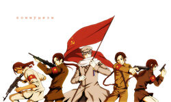  4boys assault_rifle axis_powers_hetalia china_(hetalia) communism cuba_(hetalia) cyrillic female gun hammer_and_sickle handgun korea_(hetalia) multiple_boys rifle russia_(hetalia) russian_text soviet_flag translated vietnam_(hetalia) weapon 