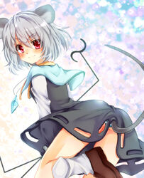  animal_ears brown_footwear commentary_request dowsing_rod female grey_hair grey_tail hair_between_eyes jewelry long_sleeves looking_at_viewer looking_back lowres mouse_ears mouse_tail nazrin panties pantyshot rai_(rai-s) shoes socks solo striped_clothes striped_panties tail touhou underwear white_socks 