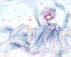  cherry_blossoms commentary_request female hat mizuto_(laku) pink_hair saigyouji_yuyuko short_hair smile solo touhou 