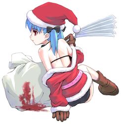  amano_yuu back blood blue_hair boots commentary_request female gloves hand_fan harisen hat oekaki original profile red_eyes sack santa_costume santa_hat simple_background solo twintails 