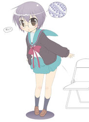  bad_id bad_pixiv_id blue_sailor_collar blue_skirt brown_eyes cardigan chair female flat_color glasses hirose_madoka kita_high_school_uniform nagato_yuki photoshop_(medium) purple_hair sailor_collar school_uniform serafuku short_hair skirt solo suzumiya_haruhi_no_shoushitsu suzumiya_haruhi_no_yuuutsu translated winter_uniform 