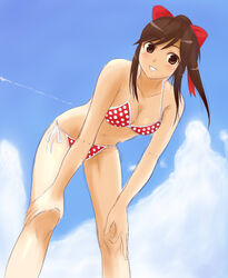  bent_over bikini brown_eyes brown_hair commentary_request female kusaka_maichi long_hair love_plus polka_dot polka_dot_bikini ponytail solo swimsuit takane_manaka 