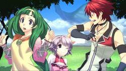  1boy 2girls :o ;) age_difference aiba_mikoto armband blue_eyes blunt_bangs bow breasts choker cleavage_cutout clenched_hands clothing_cutout cloud constricted_pupils cross-laced_clothes cross_edge day elbow_gloves eye_contact fingerless_gloves flat_chest frills game_cg gloves gradient grass green_hair grey_hair hair_between_eyes hair_intakes hairband hairbow hirano_katsuyuki jewelry kannagi_yuuto light_smile long_hair long_sleeves looking_at_another looking_at_viewer may_(cross_edge) multiple_girls necklace one_eye_closed open_mouth outdoors parted_bangs pendant profile purple_eyes red_hair ribbon_trim shade short_hair sky small_breasts smile surprised surprised_arms tree turtleneck upper_body very_long_hair wide-eyed zipper 