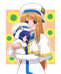  2girls animal_costume aria_(manga) aria_company_uniform aria_pokoteng aria_pokoteng_(cosplay) blue_eyes blue_hair blush brown_eyes brown_hair capelet cat_costume commentary_request cosplay dress empty_eyes half_updo hanamaru_youchien hat hazuki_erino high_collar hiiragi_(hanamaru_youchien) kohsaka_jun long_dress long_hair long_sleeves mizunashi_akari mizunashi_akari_(cosplay) multiple_girls photoshop_(medium) uniform voice_actor_connection white_capelet white_dress yamamoto_nanako 