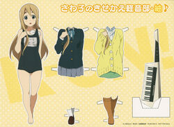  artist_request barefoot blonde_hair blue_eyes female highres instrument k-on! keytar kisekae kotobuki_tsumugi legs long_hair object_in_clothes object_in_swimsuit official_art one-piece_swimsuit paper_doll photoshop_(medium) sakuragaoka_high_school_uniform scan school_swimsuit school_uniform skirt solo sweater swim_cap swimsuit thick_eyebrows unworn_swim_cap 