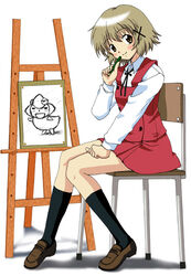  chair commentary_request easel female hair_ornament hidamari_sketch ru_pickman school_uniform sitting solo ume-sensei x_hair_ornament yamabuki_high_school_uniform yuno_(hidamari_sketch) 