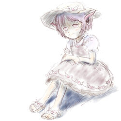  animal_ears bad_id bad_pixiv_id dress female hat mystia_lorelei sandals saraband short_hair short_sleeves sitting sketch smile solo touhou white_background white_theme 