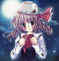  blonde_hair blush bowl chocolate commentary_request female full_moon gift hair_ribbon heart holding holding_gift lens_flare messy moon night photoshop_(medium) purple_eyes ribbon rumia s_black solo spill touhou valentine 