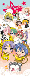  &gt;_&lt; 6+girls =_= ahoge alpaca animal_costume bird bovine canine cathead cherry_(lucky_star) chibi chicken chinese_zodiac closed_eyes cloud commentary_request dengshuyu dragon grass_mud_horse highres hiiragi_kagami hiiragi_tsukasa iwasaki_minami izumi_konata kobayakawa_yutaka kuroi_nanako kusakabe_misao lucky_star minegishi_ayano mole mole_under_eye monkey mouse_(animal) multiple_girls nyamou one_eye_closed patricia_martin photoshop_(medium) pig purple_hair rabbit sheep snake takara_miyuki tamura_hiyori tiger 