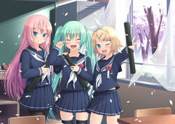  3girls amamiya_minato black_thighhighs blonde_hair blue_eyes blush cherry_blossoms closed_eyes commentary_request diploma flower graduation green_hair hair_ornament hairclip hatsune_miku highres kagamine_rin long_hair megurine_luka multiple_girls pantyhose petals pink_hair pleated_skirt rose sakura_no_ame_(vocaloid) school_uniform skirt tears thighhighs tree tsurime twintails v vocaloid 