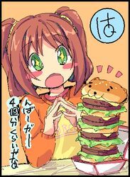  +_+ bad_id bad_pixiv_id black_border blush blush_stickers border brown_hair burger cat_burger double-decker_hamburger_bun female fingers_together food green_eyes idolmaster idolmaster_(classic) long_hair long_sleeves no_nose oekaki open_mouth orange_background raglan_sleeves shirt solo takatsuki_tsukasa takatsuki_yayoi too_much_burger translated twintails 