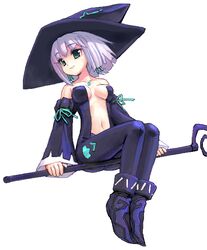  amano_yuu bare_shoulders breasts broom broom_riding cadie commentary_request detached_sleeves female hat medium_breasts navel oekaki pangya sidesaddle solo witch witch_hat 