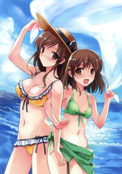  2girls absurdres bikini blush bow breasts brown_hair cleavage cloud day frilled_bikini frills front-tie_top green_sarong hat highres looking_at_viewer medium_breasts misaki_kurehito mole mole_under_eye multiple_girls nakano_hinata navel open_mouth outdoors photoshop_(medium) sarong see-through see-through_sarong sky suiheisen_made_nan_mile? sun_hat swimsuit tsuyazaki_kokage unworn_sarong water white_sarong yellow_bikini 