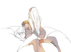  1boy ass axis_powers_hetalia bad_id bad_pixiv_id bed belarus_(hetalia) caress casual couple dress female hair_ribbon japan_(hetalia) kusumori_shiba long_hair panties ribbon short_dress short_hair sitting sitting_on_lap sitting_on_person straight underwear 