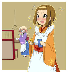  2girls ;d ^^^ agenasu apron blonde_hair blue_eyes blush brown_background brown_eyes brown_hair commentary_request crossover flying_sweatdrops frilled_apron frills hairband japanese_clothes k-on! kimono koiwai_flora long_hair maid multiple_girls nanatsuiro_drops nose_blush obi one_eye_closed open_mouth outline pen round_teeth sash short_hair simple_background smile star_(symbol) surprised sweat tainaka_ritsu teeth thumbs_up wa_maid waitress wide_sleeves 