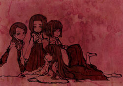  4girls artist_request barefoot braid fatal_frame fatal_frame_3 fine_art_parody flower hair_flower hair_ornament hammer japanese_clothes kuze_amane kuze_hisame kuze_minamo kuze_shigure long_hair miko monochrome multiple_girls nihonga parody red_background red_theme short_hair twin_braids 