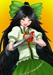  arugeri bad_id bad_pixiv_id black_hair blush bow closed_eyes female gift green_bow hairbow happy heart holding holding_gift large_bow long_hair open_mouth photoshop_(medium) radiation_symbol reiuji_utsuho smile solo touhou 