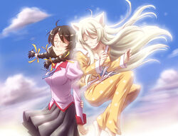  2girls animal_ears bakemonogatari barefoot black_hanekawa braid breasts brown_hair cat_ears cleavage closed_eyes cloud commentary_request dual_persona glasses hair_ornament hair_ribbon hanekawa_tsubasa juliet_sleeves kiropin large_breasts long_hair long_sleeves monogatari_(series) multiple_girls naoetsu_high_school_uniform nekomonogatari orange_pajamas pajamas photoshop_(medium) pleated_skirt puffy_sleeves ribbon school_uniform skirt spoilers twin_braids white_hair 