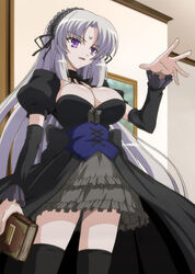  anime_screenshot black_dress black_hairband book bow breasts cleavage detached_sleeves dress facial_mark female forehead_mark frilled_hairband frills grey_hair hairband headband highres holding holding_book indoors jinguuji_kuesu large_breasts long_hair omamori_himari photoshop_(medium) purple_eyes solo standing stitched thighhighs third-party_edit 